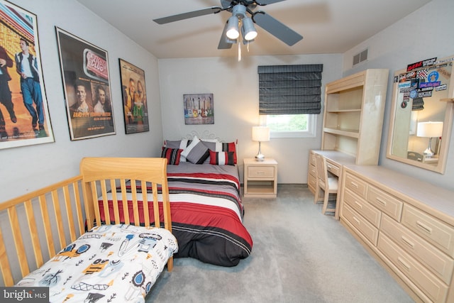 bedroom featuring carpet flooring and ceiling fan