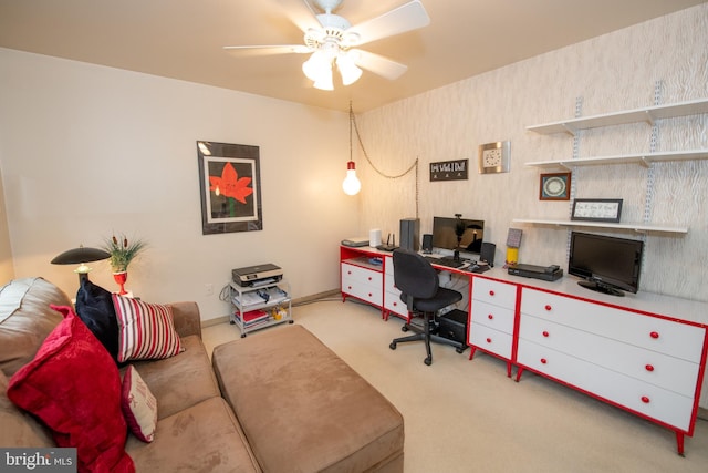 home office featuring ceiling fan and carpet