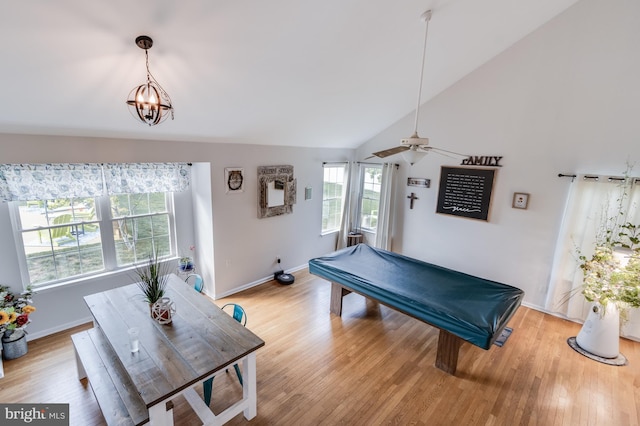 playroom with pool table, vaulted ceiling, a wealth of natural light, and light wood finished floors
