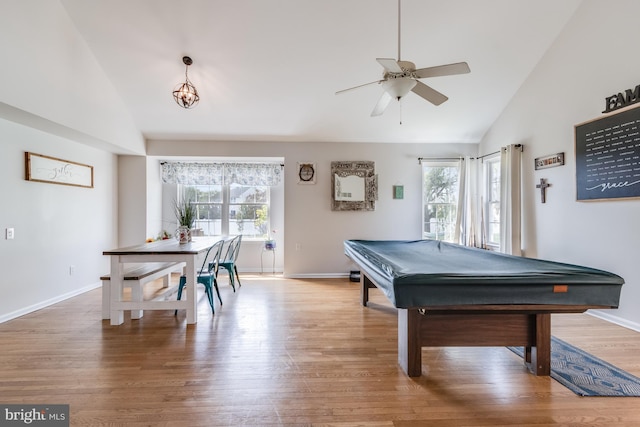 recreation room with wood finished floors, baseboards, ceiling fan, billiards, and vaulted ceiling