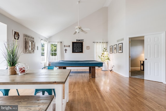 rec room featuring visible vents, high vaulted ceiling, pool table, a ceiling fan, and light wood-style flooring