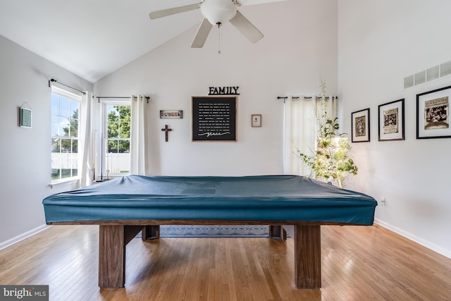 recreation room featuring high vaulted ceiling, baseboards, pool table, and visible vents