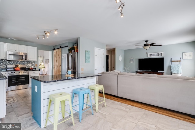 kitchen with stainless steel appliances, ceiling fan, track lighting, and white cabinetry