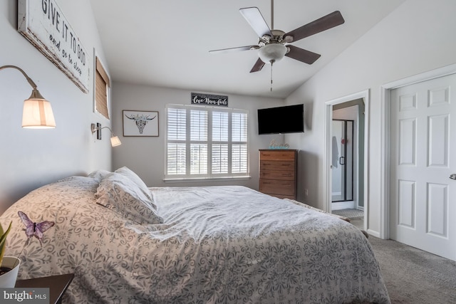 carpeted bedroom with ceiling fan, baseboards, and lofted ceiling