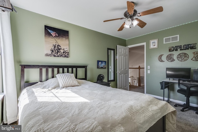 bedroom featuring baseboards, carpet, a ceiling fan, and visible vents