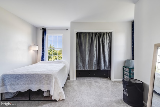 bedroom with baseboards and carpet