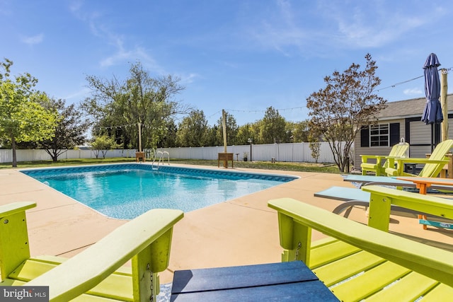 view of pool featuring a fenced backyard, a fenced in pool, and a patio