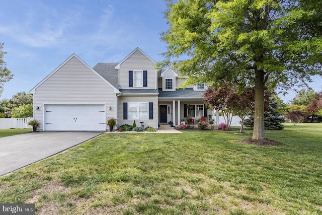 traditional-style home with fence, covered porch, a front yard, an attached garage, and driveway