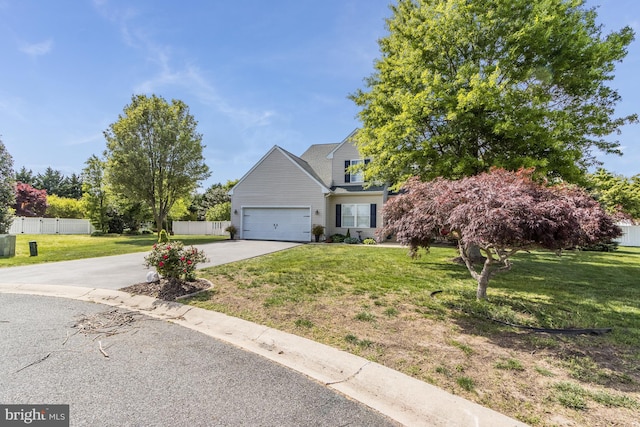 obstructed view of property featuring concrete driveway, an attached garage, fence, and a front lawn