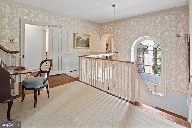 805 Evans Rd, Gwynedd Valley, PA 19437 - office area with a wainscoted wall, wallpapered walls, ornamental molding, and wood finished floors