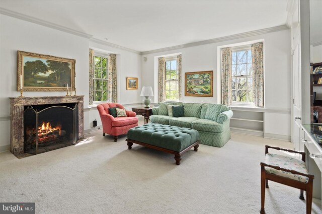 805 Evans Rd, Gwynedd Valley, PA 19437 - carpeted living area with crown molding, healthy amount of natural light, and a high end fireplace