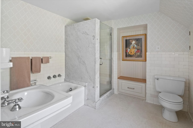 805 Evans Rd, Gwynedd Valley, PA 19437 - bathroom featuring tile walls, a bath, wallpapered walls, a shower stall, and toilet