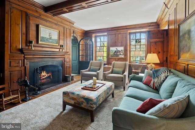805 Evans Rd, Gwynedd Valley, PA 19437 - living area with wood walls, a fireplace with flush hearth, and beam ceiling