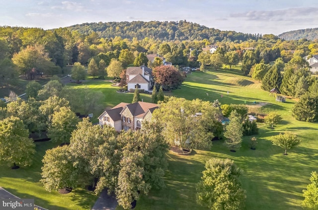 bird's eye view featuring a wooded view
