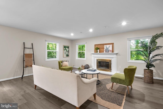 1725 Stratton Rd, Crofton, MD 21114 - living area with wood finished floors, a brick fireplace, baseboards, and recessed lighting