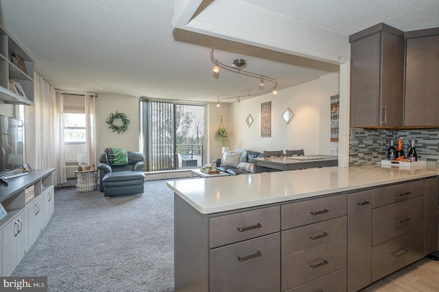 1030 E Lancaster Ave Unit 330, Bryn Mawr, PA 19010 - kitchen featuring a peninsula, open floor plan, light countertops, and track lighting