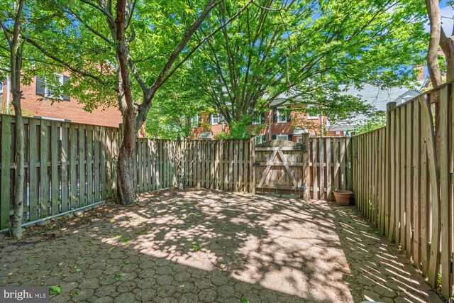 view of yard with a gate, a fenced backyard, and a patio area