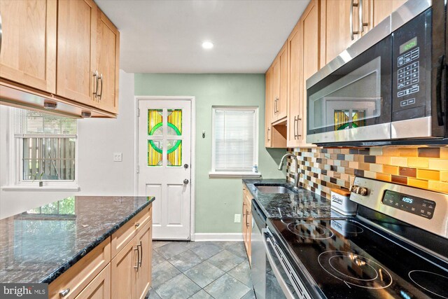 kitchen featuring stainless steel appliances, baseboards, a sink, and dark stone countertops