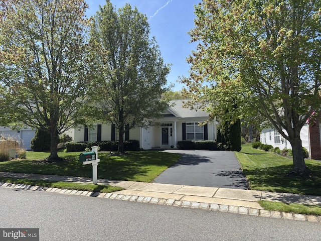 view of property hidden behind natural elements with a front lawn and driveway