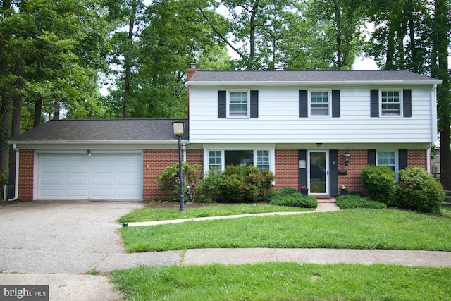 5 Gailridge Ct, Lutherville Timonium, MD 21093 - colonial home with brick siding, driveway, an attached garage, a front lawn, and a chimney