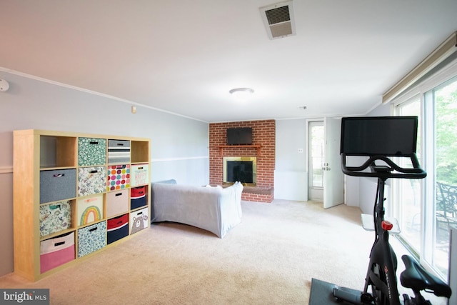 5 Gailridge Ct, Lutherville Timonium, MD 21093 - recreation room with carpet, a fireplace, plenty of natural light, and ornamental molding