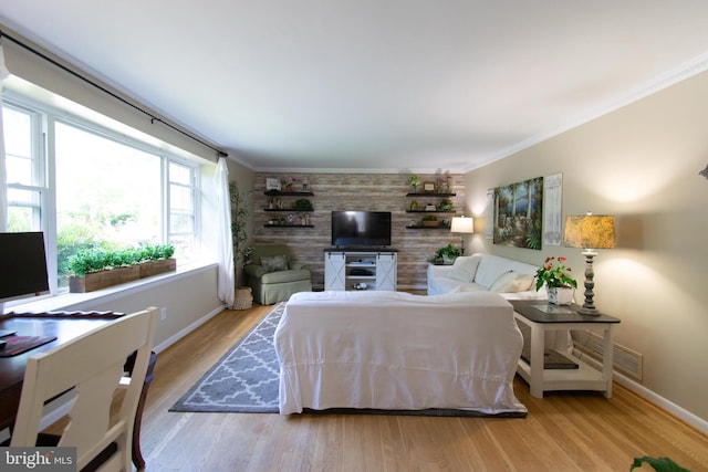 5 Gailridge Ct, Lutherville Timonium, MD 21093 - living room with baseboards, an accent wall, crown molding, and wood finished floors