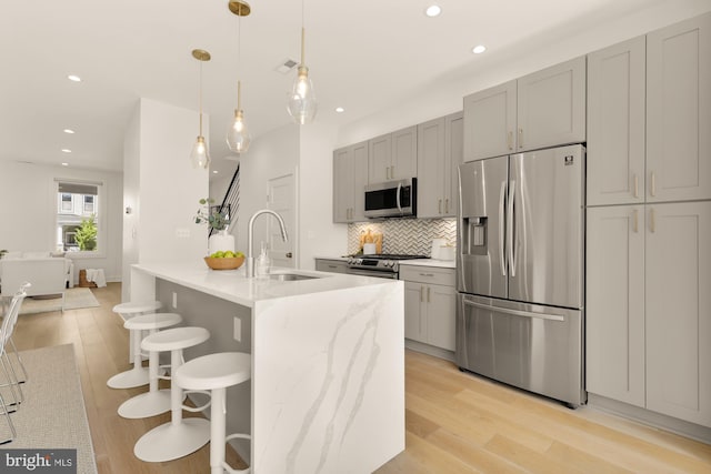 kitchen with a sink, stainless steel appliances, recessed lighting, light wood-type flooring, and backsplash