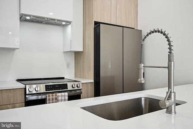 1372 Bryant St NE Unit 201, Washington, DC 20018 - kitchen featuring modern cabinets, light countertops, ventilation hood, a sink, and stainless steel appliances