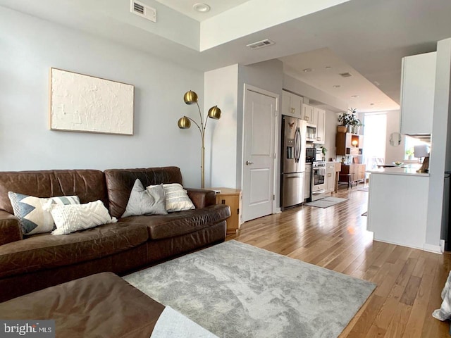 living area with visible vents, wood finished floors, and a raised ceiling