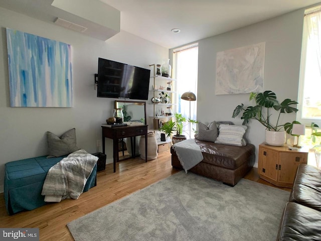 living area featuring visible vents and wood finished floors