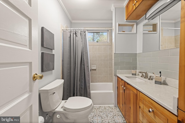 2610 Hamlin St NE, Washington, DC 20018 - bathroom with ornamental molding, toilet, vanity, decorative backsplash, and shower / tub combo with curtain