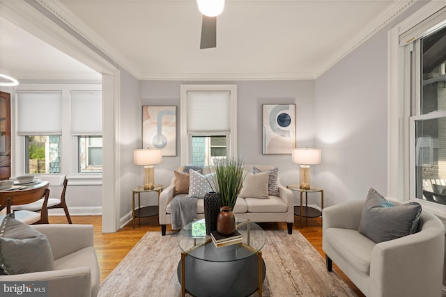 2610 Hamlin St NE, Washington, DC 20018 - living room featuring plenty of natural light, ceiling fan, baseboards, wood finished floors, and ornamental molding