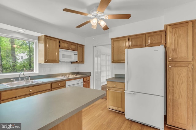 1529 Red Oak Dr, Silver Spring, MD 20910 - kitchen featuring white appliances, a sink, light wood finished floors, a ceiling fan, and brown cabinets