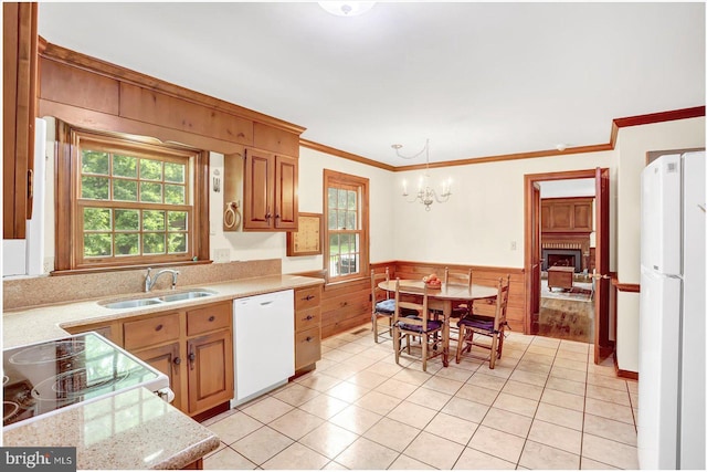 kitchen featuring a sink, white appliances, a wainscoted wall, a wealth of natural light, and ornamental molding