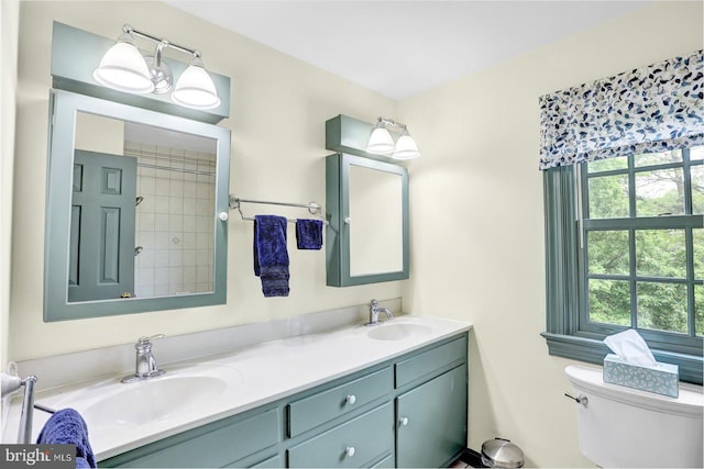 bathroom with double vanity, a sink, and toilet