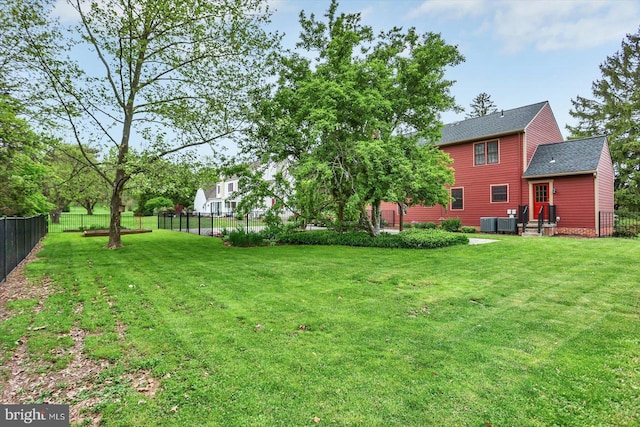 view of yard with central AC unit and a fenced backyard