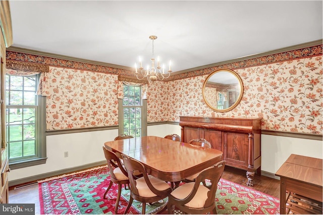 dining space featuring wainscoting, wallpapered walls, and a notable chandelier