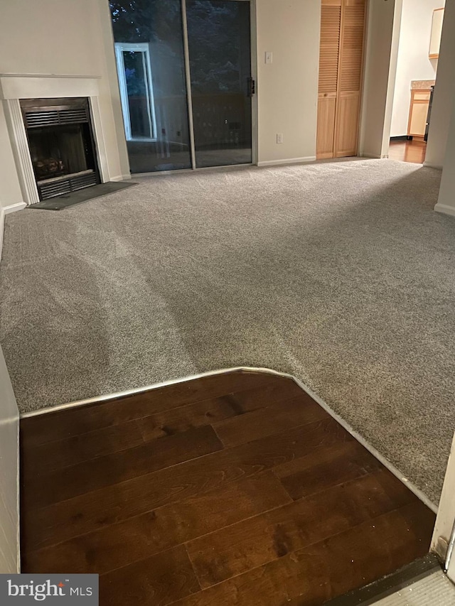 216 Highland Blvd Unit 77, New Castle, DE 19720 - unfurnished living room featuring a fireplace, carpet, baseboards, and hardwood / wood-style floors