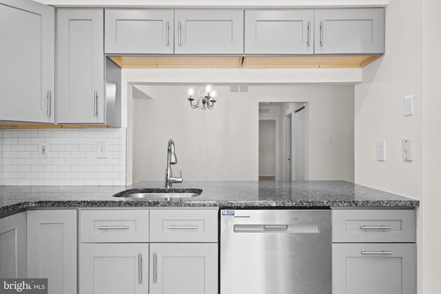 kitchen featuring a sink, decorative backsplash, dark stone countertops, and dishwasher