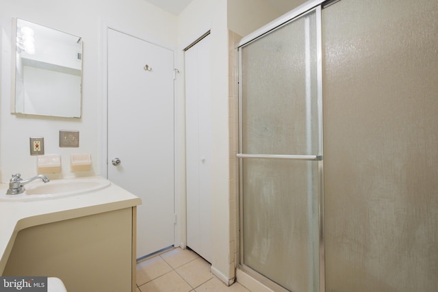 bathroom with vanity, a stall shower, and tile patterned floors