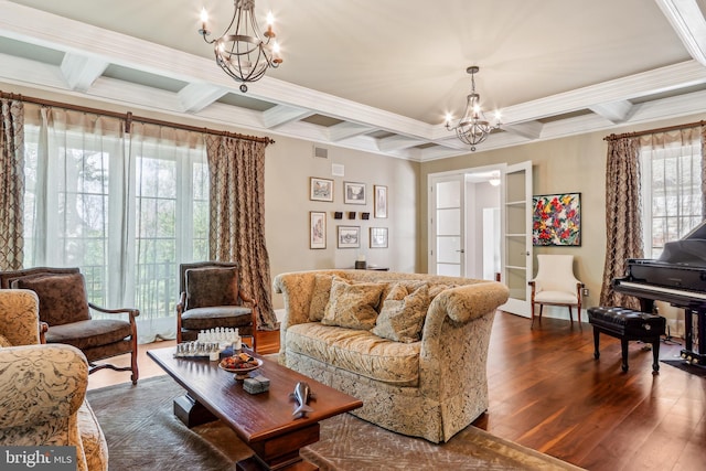 33 Rosedale Rd, Princeton, NJ 08540 - living area with coffered ceiling, dark wood-type flooring, ornamental molding, and a notable chandelier