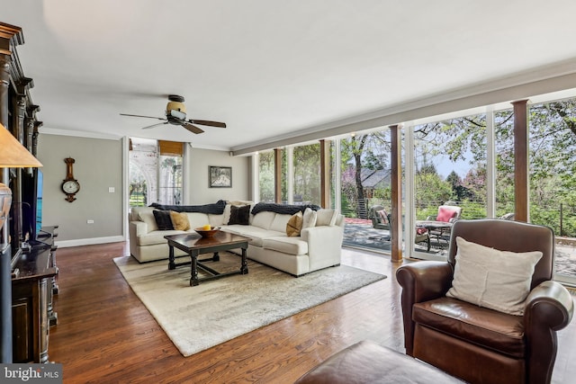 33 Rosedale Rd, Princeton, NJ 08540 - living area with baseboards, ceiling fan, crown molding, and dark wood-type flooring