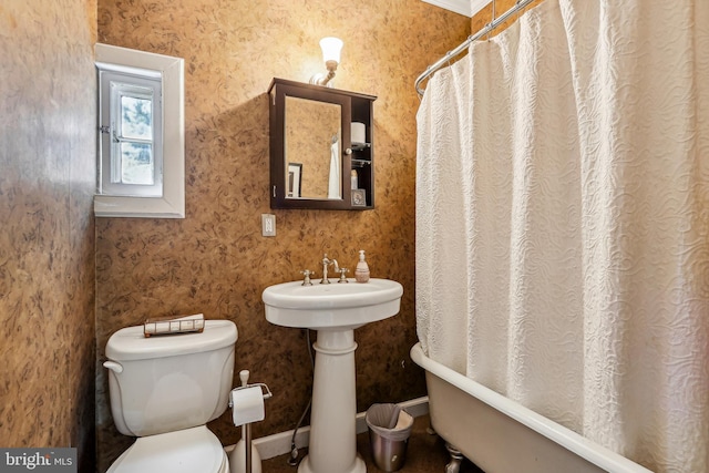 33 Rosedale Rd, Princeton, NJ 08540 - bathroom with toilet, a shower with curtain, and wallpapered walls