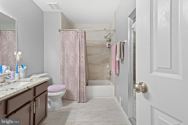 bathroom with toilet, marble finish floor, vanity, shower / tub combo with curtain, and visible vents