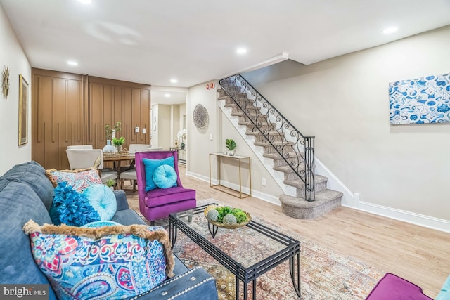 226 N 64th St, Philadelphia, PA 19139 - living room featuring recessed lighting, baseboards, stairs, and wood finished floors