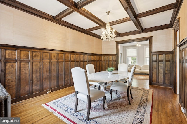 1847 Lamont St NW, Washington, DC 20010 - dining room with a chandelier, coffered ceiling, wood finished floors, beamed ceiling, and wainscoting