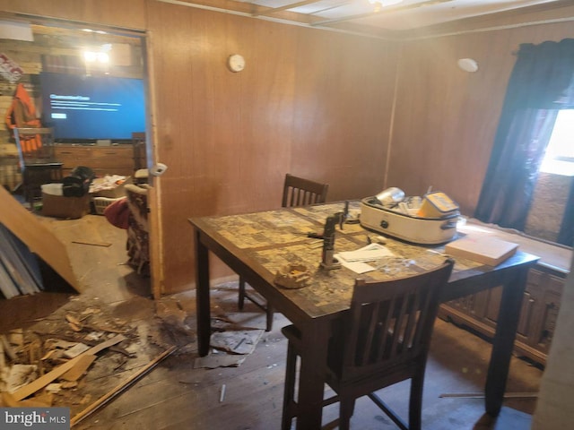 dining room featuring wood-type flooring and wooden walls