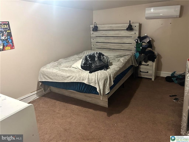 carpeted bedroom with a wall mounted AC and baseboards
