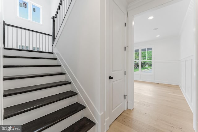 4763 Williamsburg Blvd, Arlington, VA 22207 - stairs with wood finished floors, recessed lighting, and wainscoting
