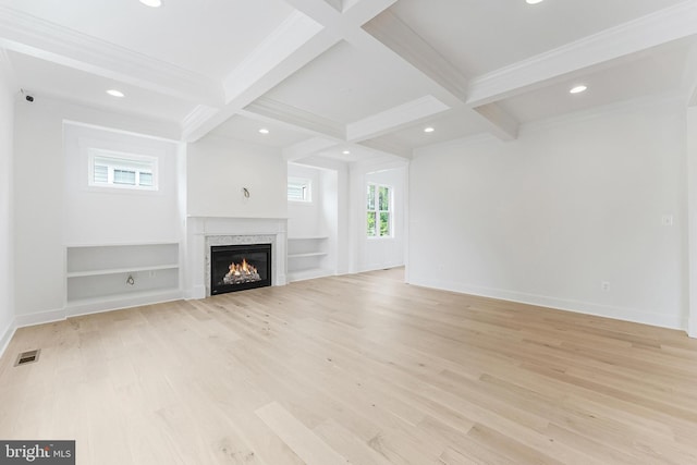 4763 Williamsburg Blvd, Arlington, VA 22207 - unfurnished living room featuring beamed ceiling, light wood finished floors, a glass covered fireplace, coffered ceiling, and baseboards